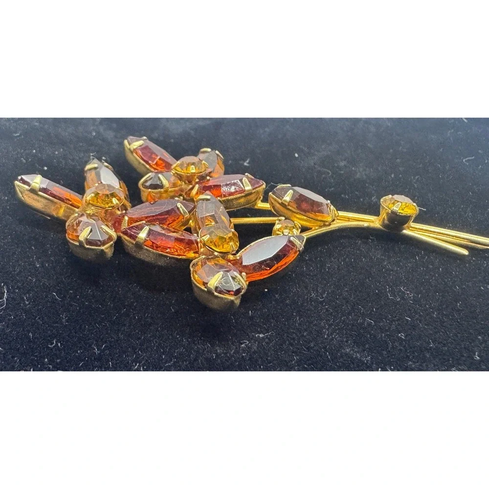 Vintage Amber Citrine Rhinestone Flower Bouquet Brooch Gold Tone Fall Floral Pin